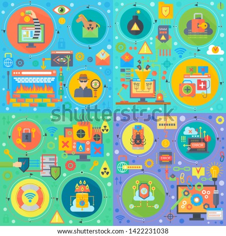 Cyber security square concepts set. Online security, hacker, hacker virus atack, infected files, user digital protection flat  design  illustration.