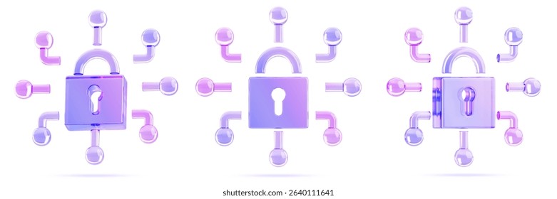 Cyber security technology concept. Render 3d set of glass holographic padlock icon with lines in different angles. Digital security of personal data, safety confidential information. 3D Illustration