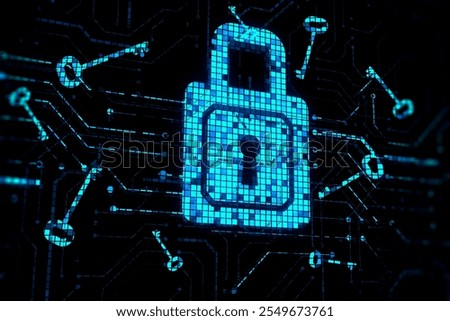 Cyber security and unlock system concept with perspective view on digital close padlock surrounded by blue keys on dark abstract background. 3D rendering