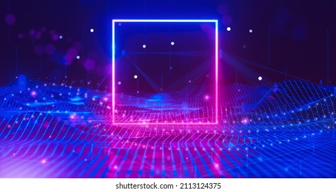 Cyber Space Virtual Reality. Futuristic Blue Purple Neon Square Frame. Wireframe Landscape Mountain. Valley Structure Sci-Fi Neon Light Glow Network Connection. Portal Glowing Dark Spac. 3d Render