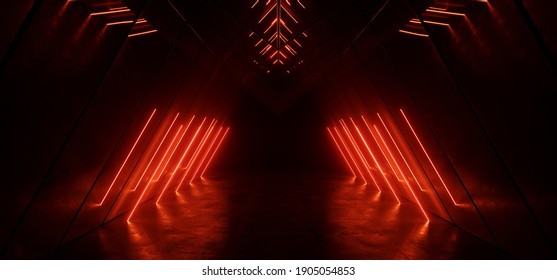 Cyber Triangle Neon Laser Glowing Dark Sci Fi Futuristic Led Red Orange Lights Tunnel Corridor Cement Concrete Spaceship Parking Underground Background Warehouse 3D Rendering Illustration