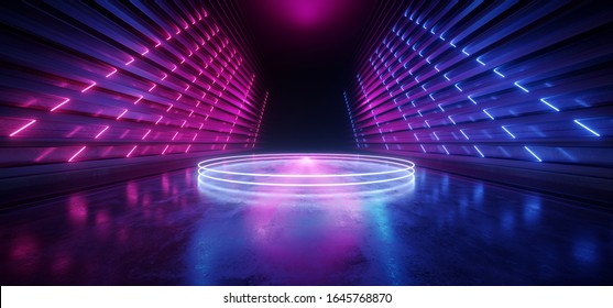 Cyber Vibrant Laser Circle Stage Podium Purple Blue Neon Fluorescent Pantone Sci Fi Futuristic Hallway Warehouse Tunnel Party Club Spaceship Corridor 3D Rendering Illustration