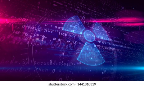 Cyber war with nuclear symbol hologram intro on futuristic background. Modern concept of nuclear power, science, energy, radioactive danger and digital weapon 3d illustration.