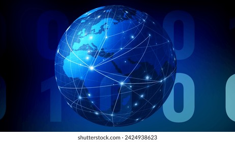 Cyber world global network, binary code, technology news and global communication for cyber security and digital world with encryption and data protection