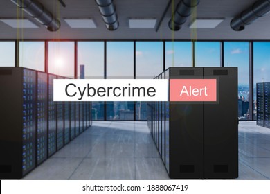 Cybercrime Alert In Red Search Bar Large Server Room Skyline View, 3D Illustration