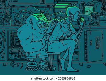 Cyber-monkey fixing elven warrior's back in gloomy lab