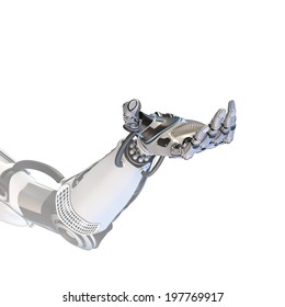 Cybernetic arm isolated on white background. Sci-fi robot giving hand