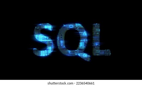 cybernetic electrical light shining text SQL in glitch style, isolated - object 3D rendering