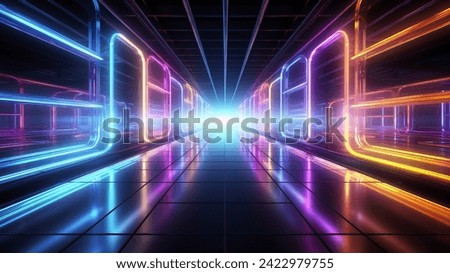 Cybernetic Odyssey: A Futuristic Journey Through a 3D Rendered Empty Space Tunnel, Immersed in the Luminescent Glow of Neon Cyberpunk Lights Creating an Electrifying Atmosphere  Foto d'archivio © 