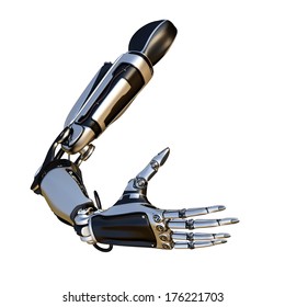 Cybernetic scene isolated on white background. Sci-fi robot arm, made of compound metallic as a part of a mechanism