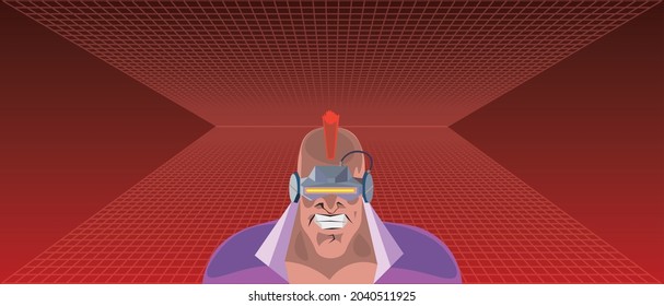 Cyberpunk anime villain character  in glowing hi-tech cybernetic visor goggles and mohawk haircut against the 1980 red perspective grid. Retro cartoon outlaw concept.
