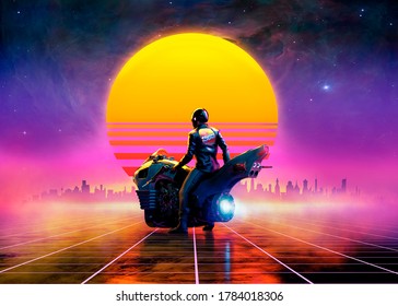 Cyberpunk biker on a futuristic motorbike on a retrowave landscape in the sunset - concept art - 3D rendering