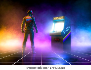 Cyberpunk Biker Watch An 80s Arcade Videogame On A Grid Pattern Floor On Synthwave Atmosphere With Fog - Concept Art -3D Rendering