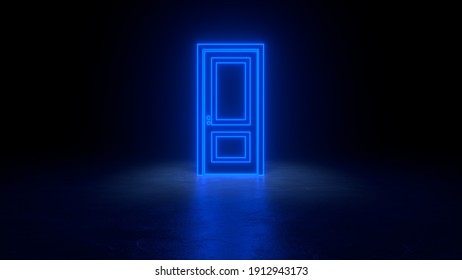 Cyberpunk Blue Neon Door Background Concept. 3d Rendering