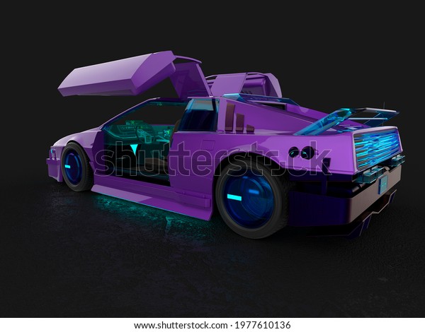 cyberpunk car with door open on dark\
background cool view, 3d\
illustration