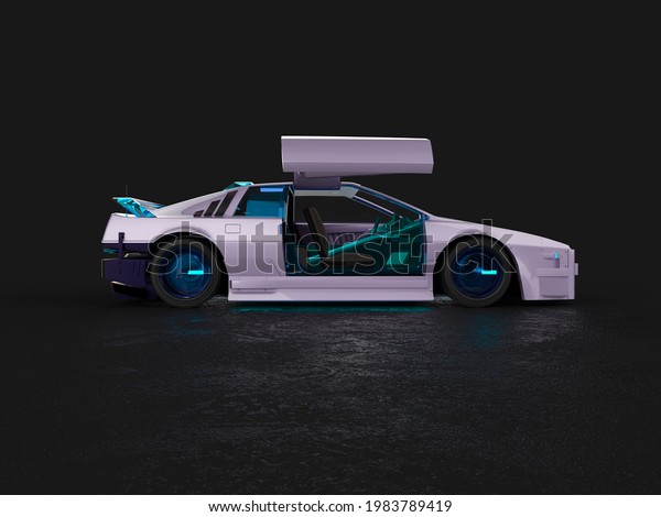 cyberpunk car with door open on dark\
background with copy space, 3d\
illustration
