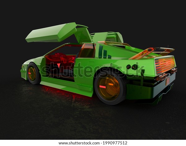 cyberpunk car with door open on dark
background cool view, 3d
illustration