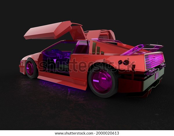 cyberpunk car with door open on dark\
background cool view, 3d\
illustration