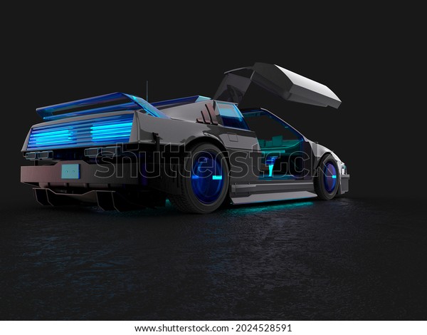 cyberpunk car with door open on dark\
background, 3d\
illustration