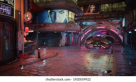 Cyberpunk city street at night with a futuristic flying car hovering by the sidewalk. 3D illustration.