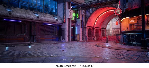 Cyberpunk concept panoramic 3D illustration dark seedy futuristic city street at night and fast food bar the corner 