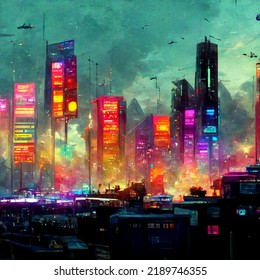 Cyberpunk Dystopian City Beautiful Colorful