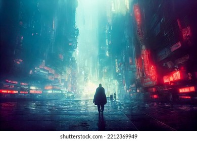 Cyberpunk Facing A Dystopian City. Digital Illustration Sci Fi Cityscape.