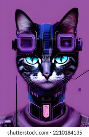 Cyberpunk, Feline, Cat, Pet In Futuristic Look, Violet , Cyan Tone, Purple, Digital Art