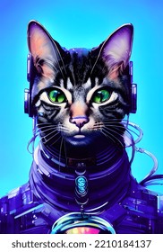 Cyberpunk, Feline, Cat, Pet In Futuristic Look, Violet , Cyan Tone, Purple, Digital Art