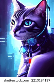 Cyberpunk, Feline, Cat, Pet In Futuristic Look, Violet , Cyan Tone, Purple, Digital Art