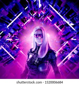 Cyberpunk Female Heroine / 3D Illustration Of Beautiful Blond Woman With Sunglasses In Futuristic Neon Lit Corridor