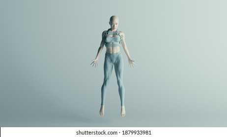 Cyberpunk Floating Female Character In Turquoise Leggings Sports Bra And Straps 3d Illustration Render