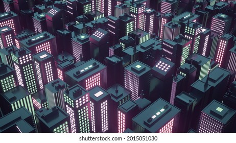 Cyberpunk Futuristic City With Skyscrapers. Abstract Isometric City. 3d Rendering.