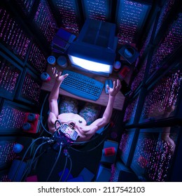 Cyberpunk Hacker Man - 3D Illustration Of Science Fiction Shocked Male Character Working On Retro Computer Console Inside Server Farm