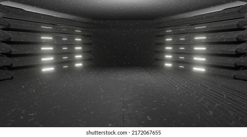 Cyberpunk Industrial Huge Virtual Showroom Club Hallway Gray Banner Background Concept 3D Rendering