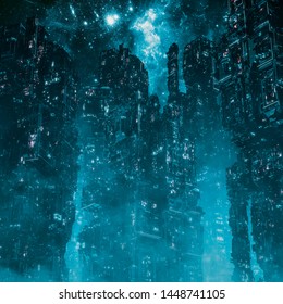 Cyberpunk metropolis night / 3D illustration of dark futuristic science fiction city under night sky
