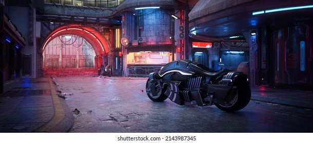 Cyberpunk motorcycle in a seedy downtown street of a fantasy dystopian future city. Cinematic 3D illustration.