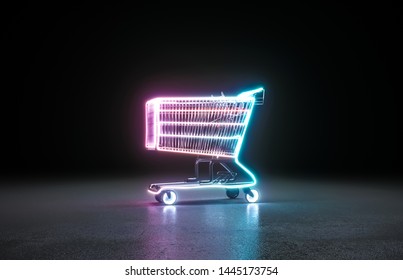 Cyberpunk Neon Shopping Cart Background Concept. 3D Rendering.