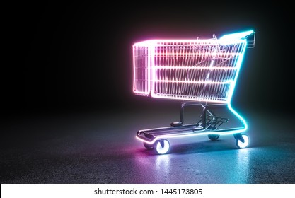 Cyberpunk Neon Shopping Cart Background Concept. 3D Rendering.