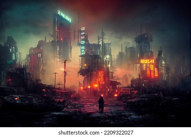 Cyberpunk Post Apocalyptic City in ruins Glowing Neon Lights Digital Painting Illustration Epic View