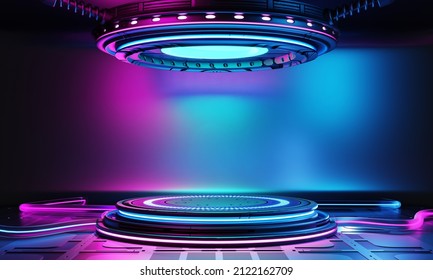 Cyberpunk sci  fi product podium showcase in empty room and blue   pink background  Technology   entertainment object concept  3D illustration rendering