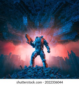 Cyberpunk soldier city warfare - 3D illustration of science fiction military robot warrior standing amid rubble in war torn futuristic city with with giant space ship in the sky above