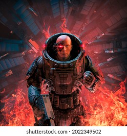 Cyberpunk Soldier Inferno - 3D Illustration Of Science Fiction Military Robot Warrior Standing Amid Flames Inside Burning Space Ship