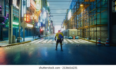 Cyberpunk Street With Character, 3d Render