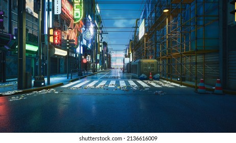 Cyberpunk street and copyspace for add character  3d render