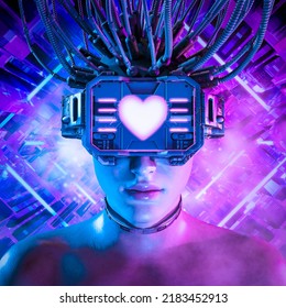 Cyberpunk Valentine - 3D Illustration Of Beautiful Science Fiction Female Character Wearing Futuristic Virtual Reality Glasses With Heart Shaped Screen