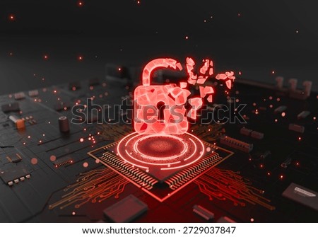 Cybersecurity Breach: A digital representation of a lock shattered on a circuit board, symbolizing a cybersecurity breach and data vulnerability.