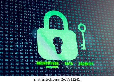 Cybersecurity concept with digital padlock and encryption code. Secure data transfer, internet protection, and online privacy technology background.