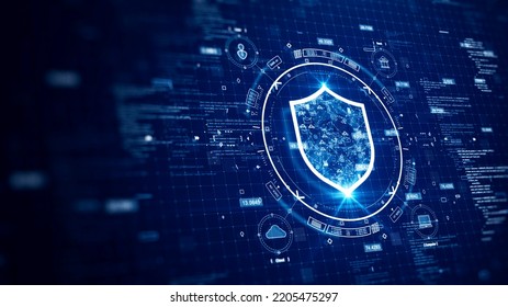 Cybersecurity Data Protection Digital Technology Concept Internet Network Connection. Icons And Polygons Are Connected Inside The Prominent Shield On The Right. Binary Code On Dark Blue Background.