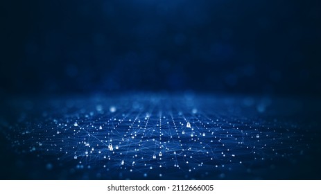 Cybersecurity And Digital Data Protection Technology Concept Background Image. Small Padlock Binary Polygons That Act As Interconnects. Dark Blue Background.